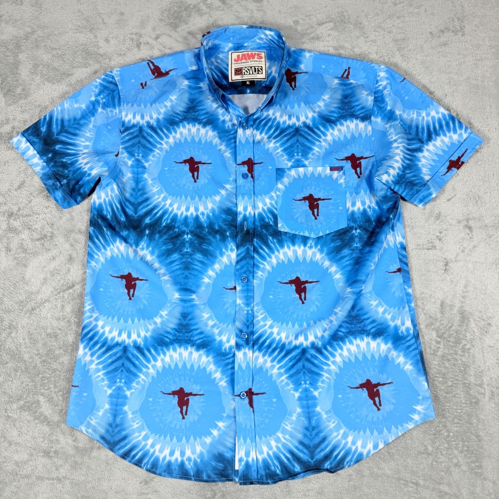 RSVLTS Mens XL Jaws Shark Attack Tie Dye Kunuflex Short Sleeve Button Down Shirt